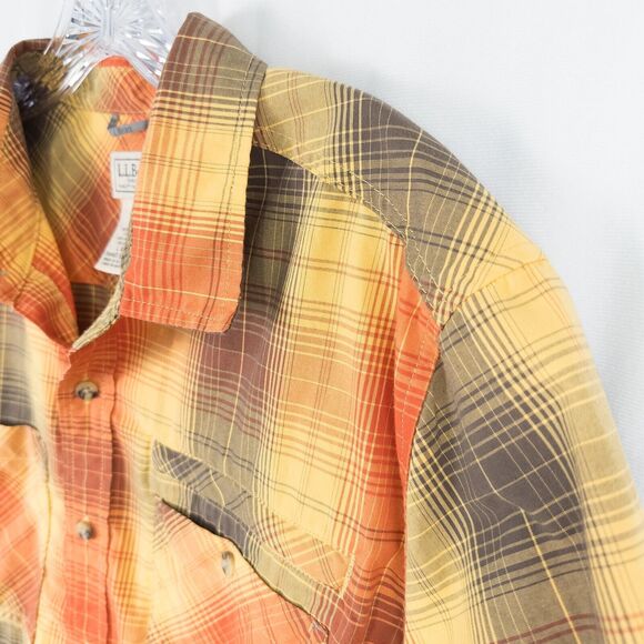 LL Bean Otter Cliff Shirt Mens Large Plaid Orange Yellow Zip Pocket Cotton Poly - Picture 15 of 16